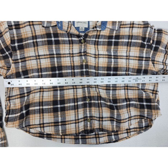 American Eagle Plaid Cropped Flannel Shirt Long Sleeve Button Up Womens Medium - Picture 4 of 6